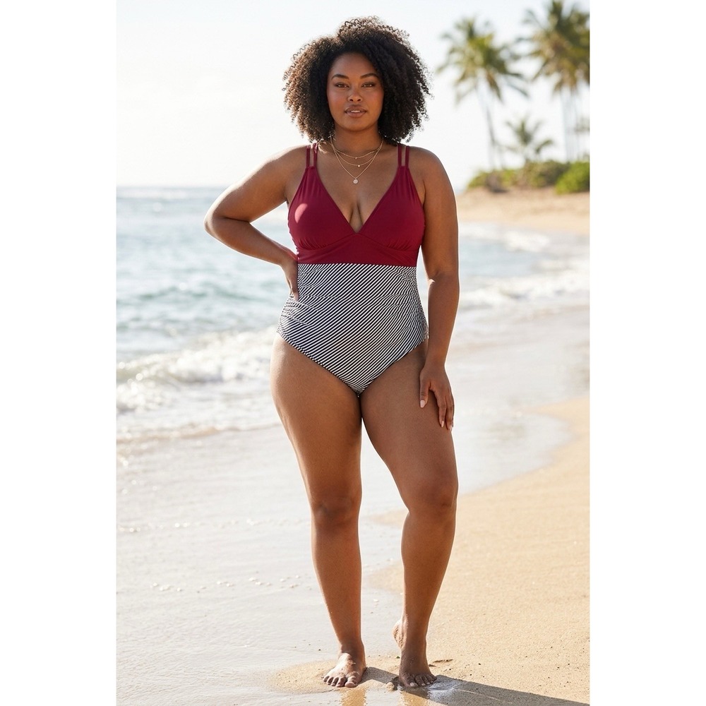 Bahamas Delight Women's 2XL Burgundy Colorblock High Waist One Piece Swimsuit